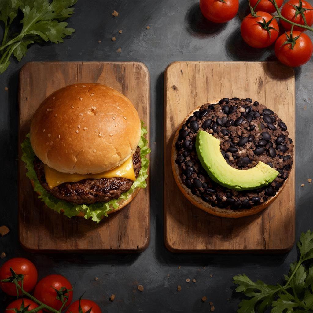 Comparison of beef burger and vegan black bean burger, overhead view