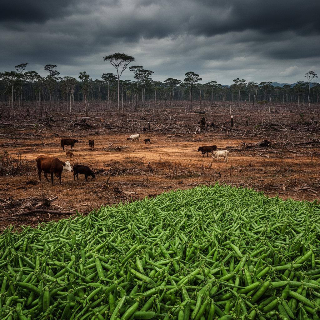 Deforested cattle pasture contrasted with pea field, aerial perspective