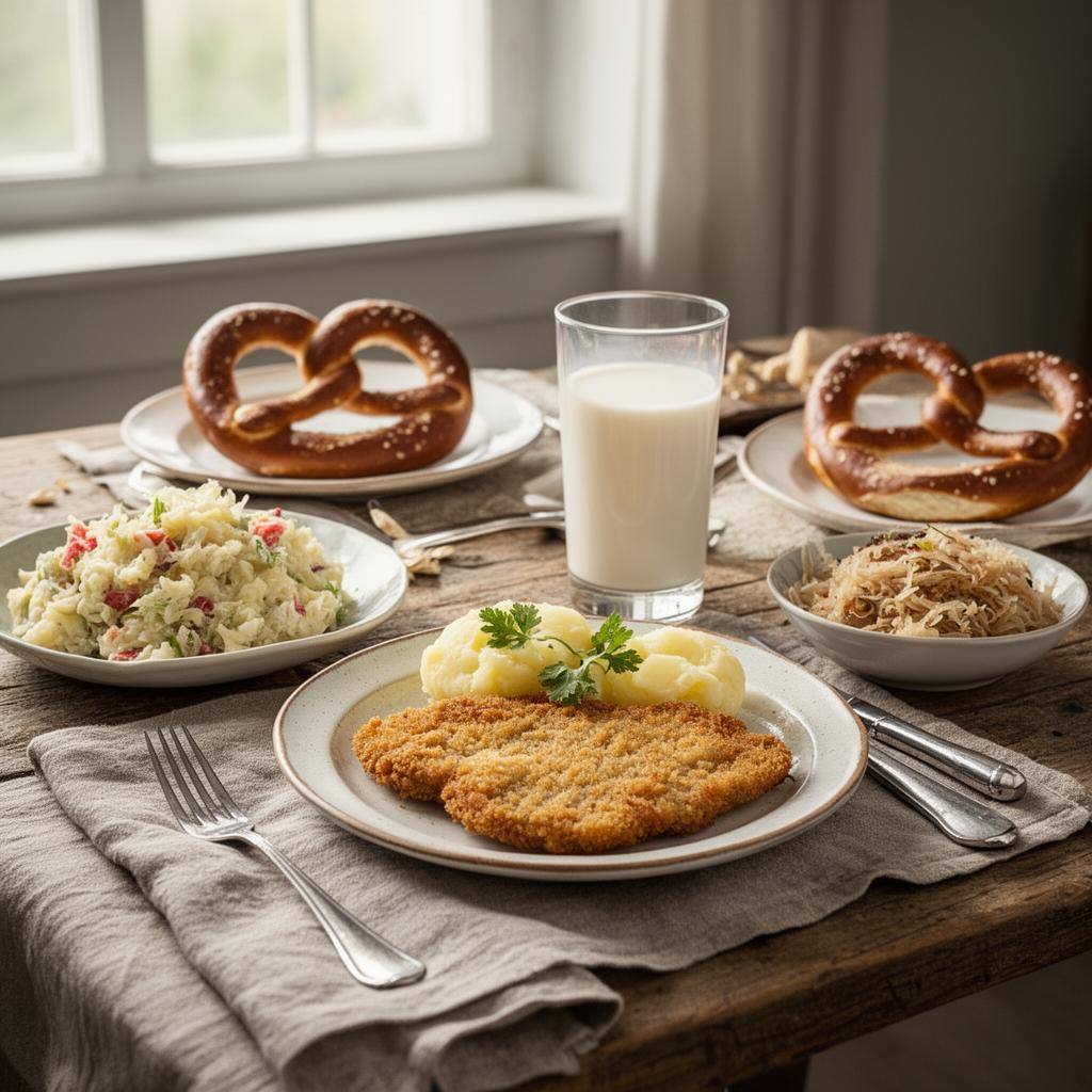 Traditional German vegan meal with schnitzel and sides