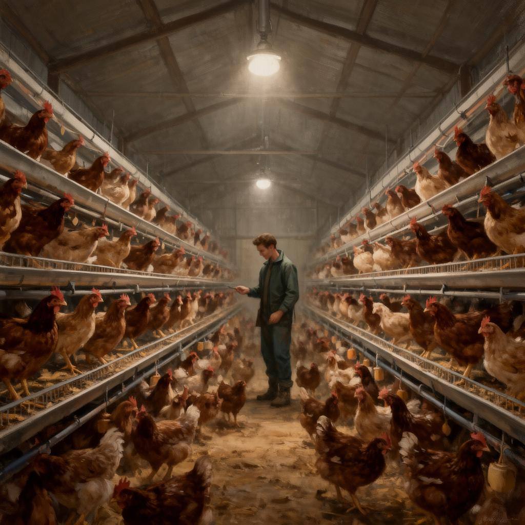 Chicken farm interior with rows of chickens