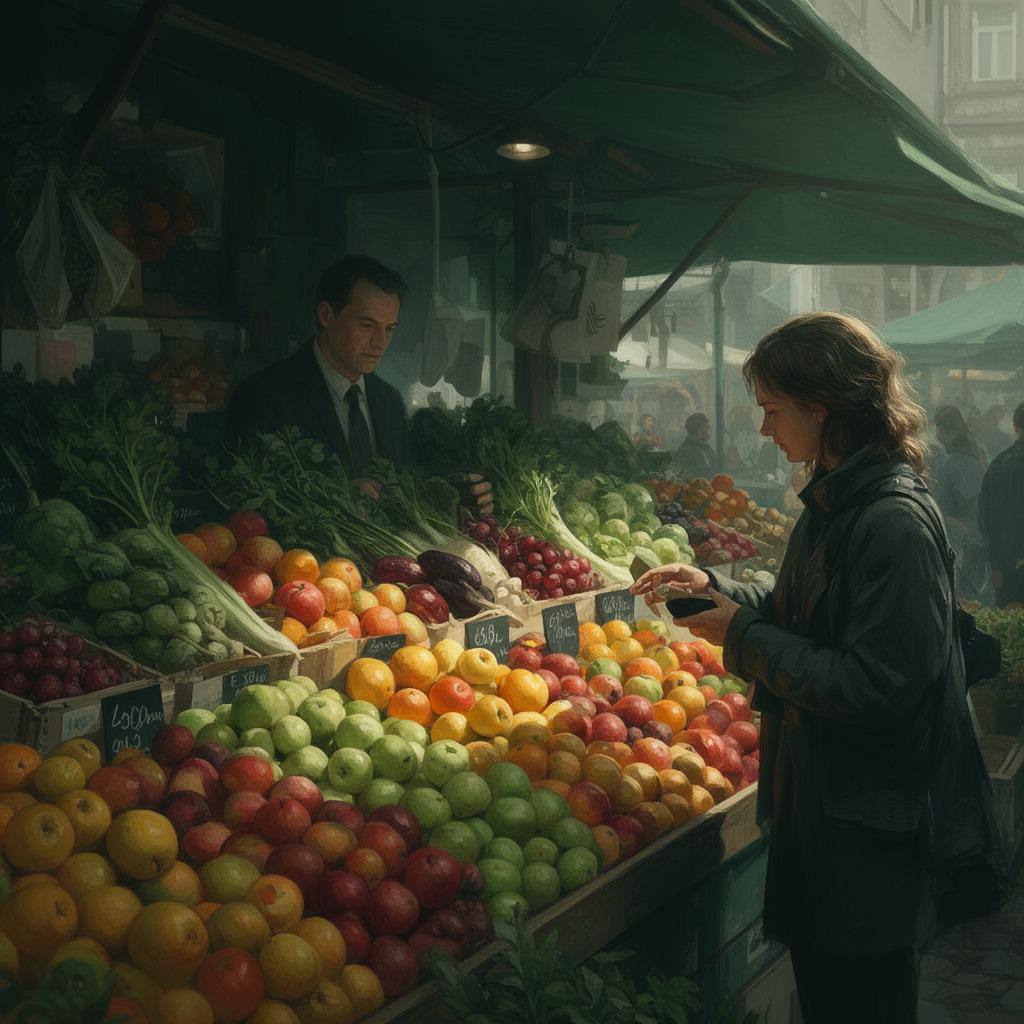 Deutscher Wochenmarkt mit bunten Obst- und Gemüseständen, bewusste Konsument:in wählt pflanzliche Produkte.