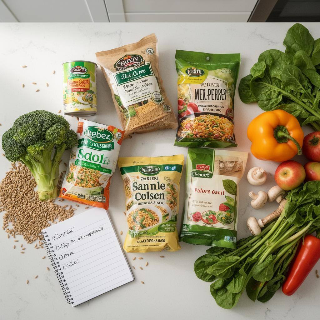 Пакеты продуктов с этикетками и свежие овощи на столе крупным планом