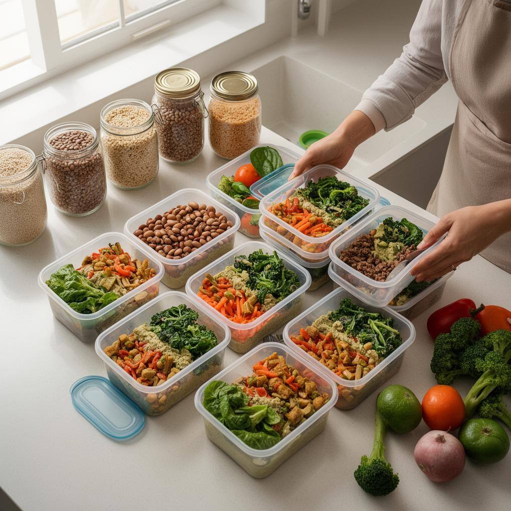 Meal prep containers filled with vegan dishes