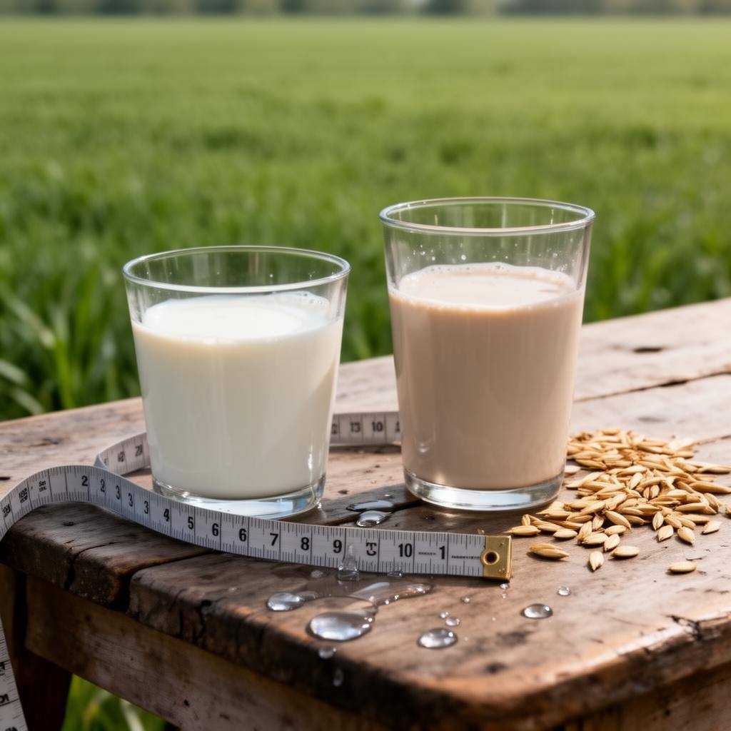 Leche de vaca y bebida de avena comparadas sobre mesa rústica