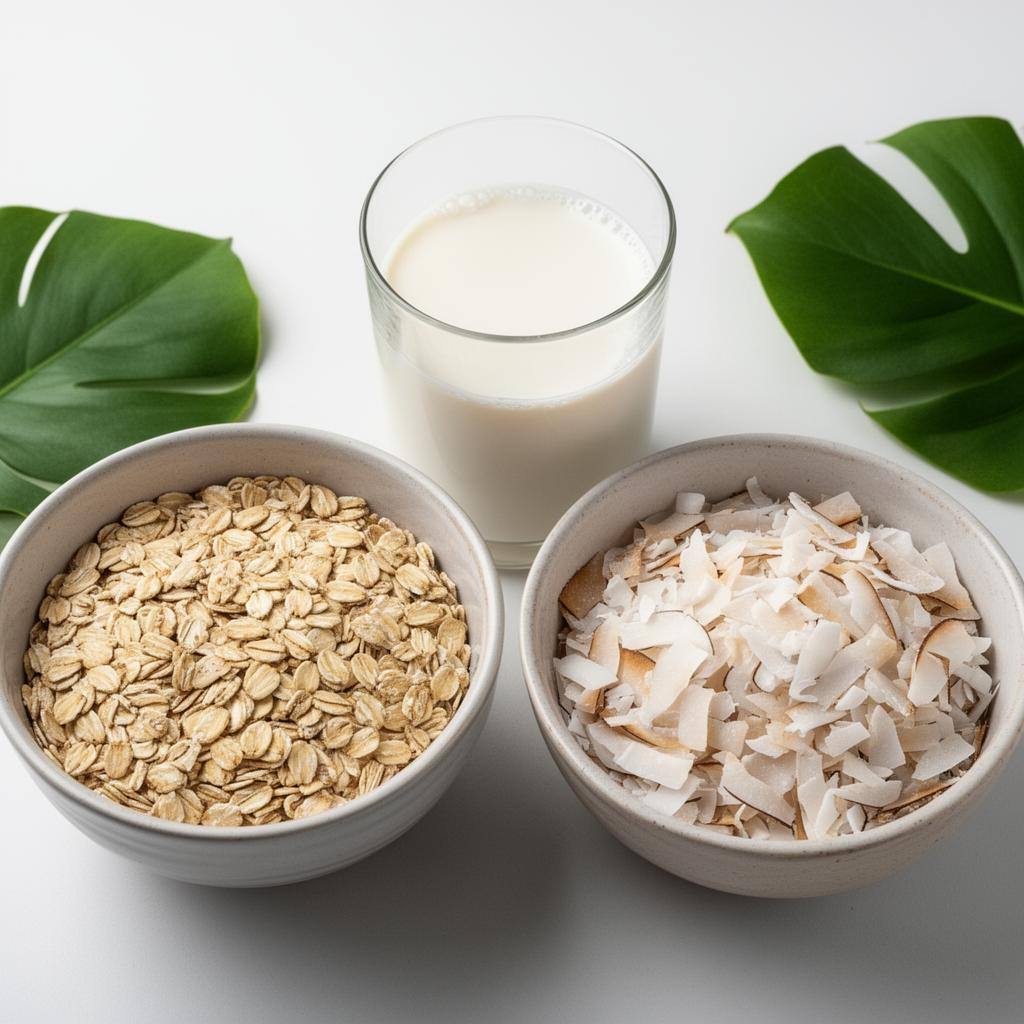 Oats and coconut flakes with glasses of their respective milk.