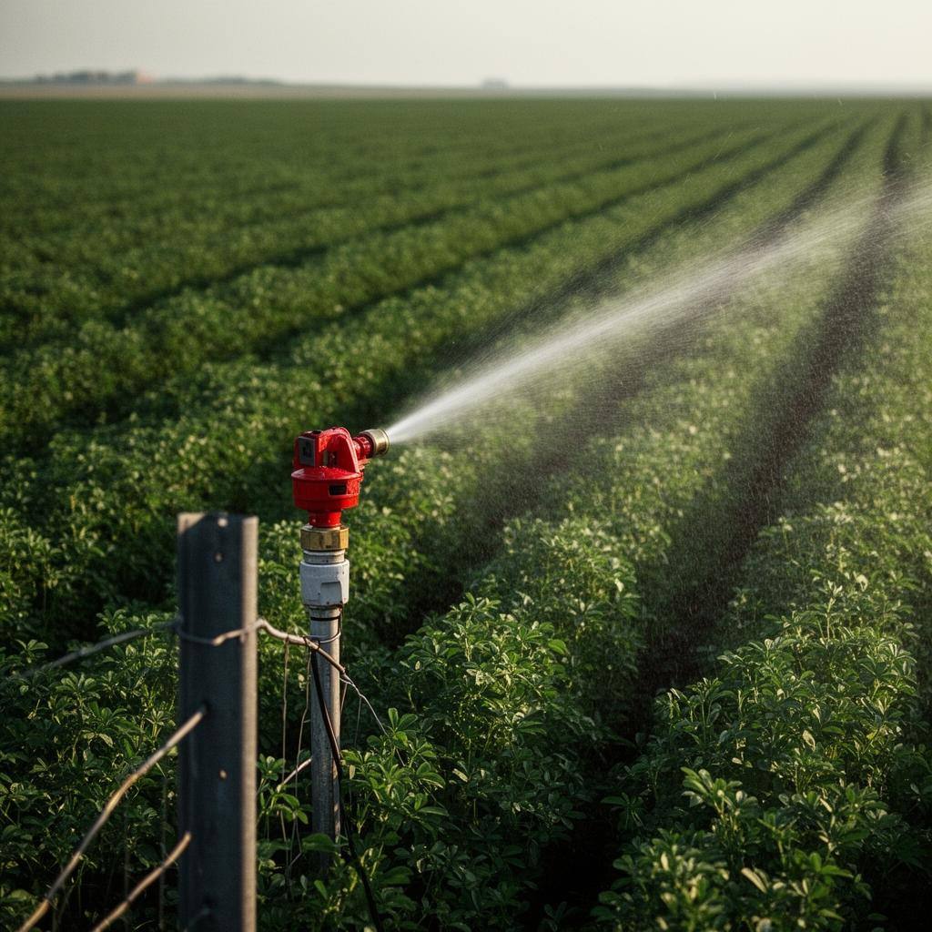 Irrigation sprinkler watering a crop field for cattle feed.