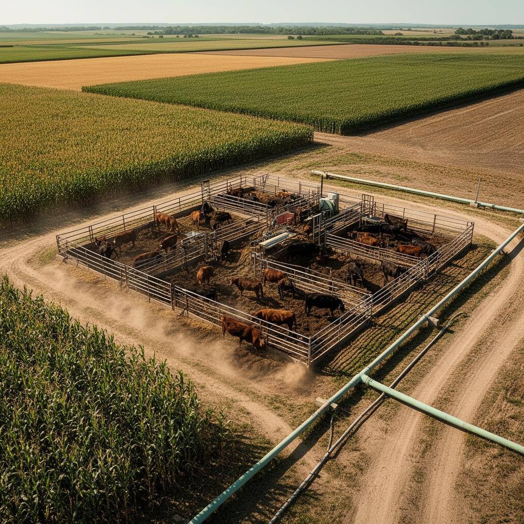 Aerial view of a feedlot surrounded by irrigated crop fields.