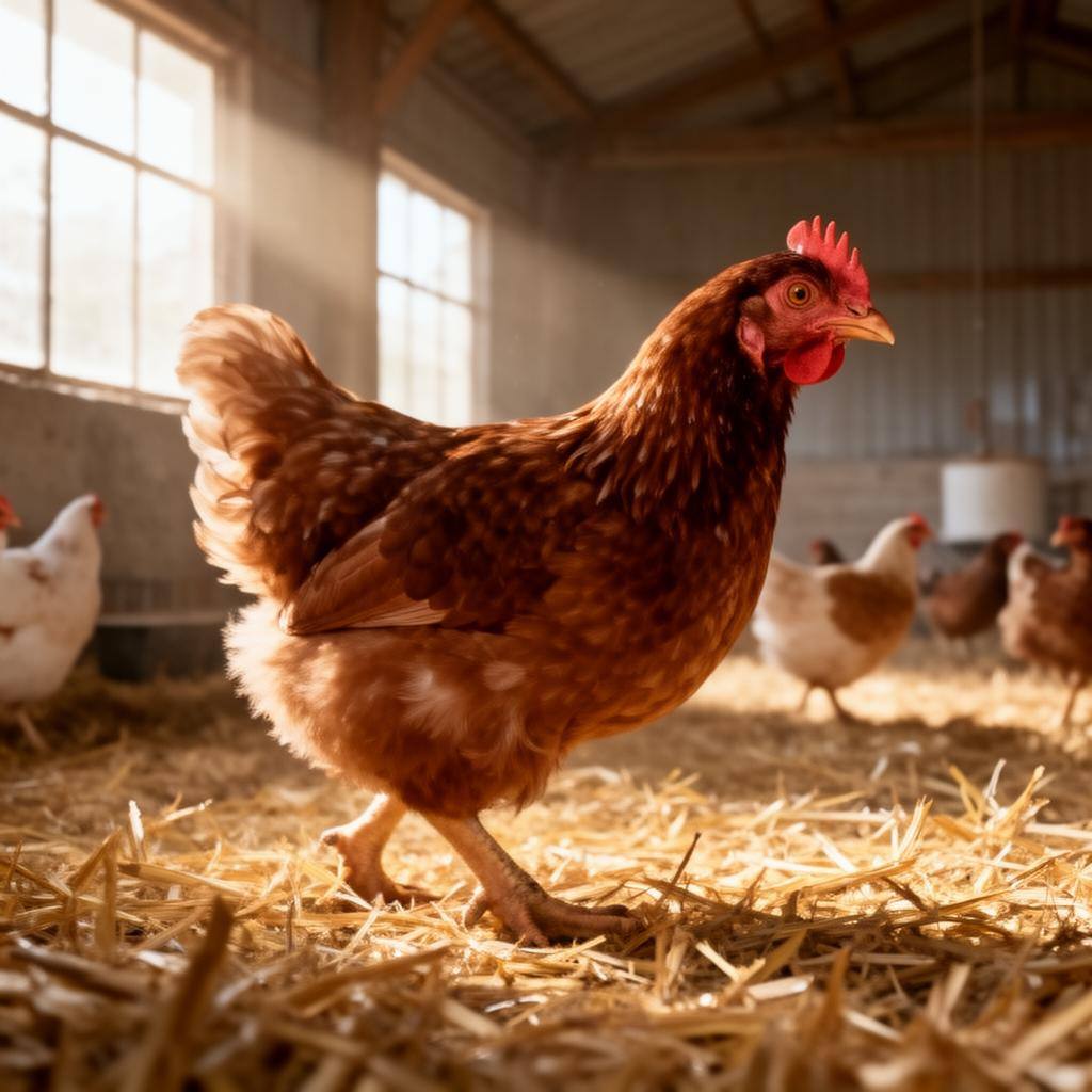 Free-range hen in a spacious, well-lit barn.