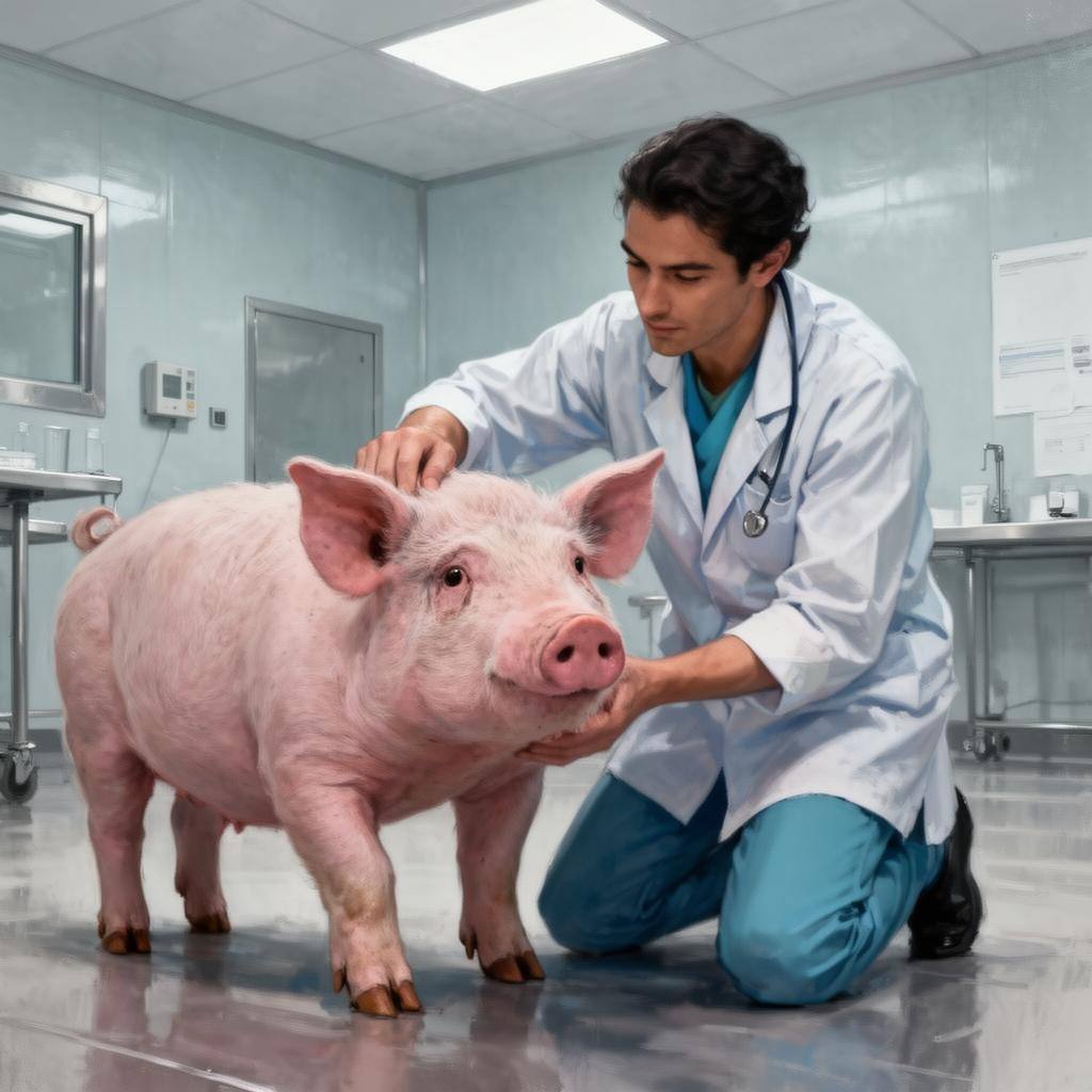 Veterinarian examining a pig in a modern facility.