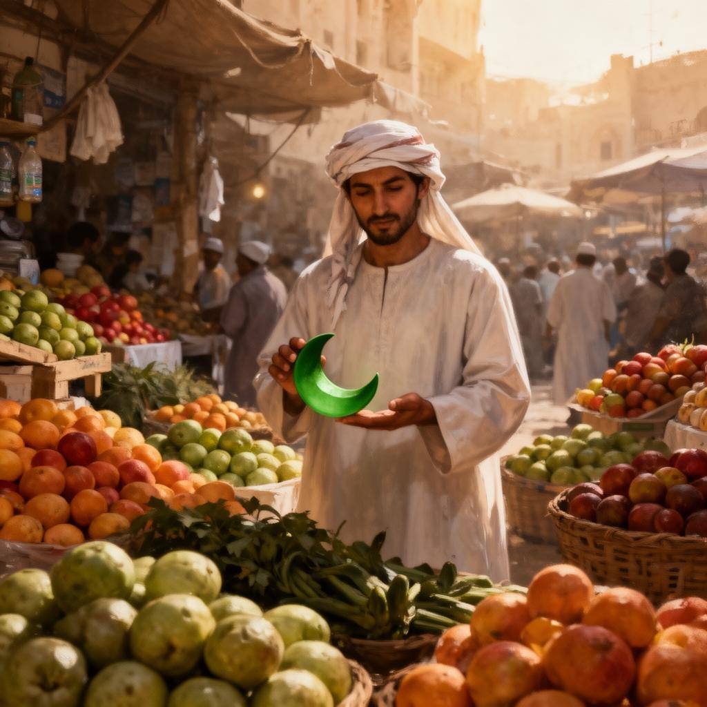 بائع خضار في مسقط يعرض منتجات نباتية حلال داخل سوق محلي