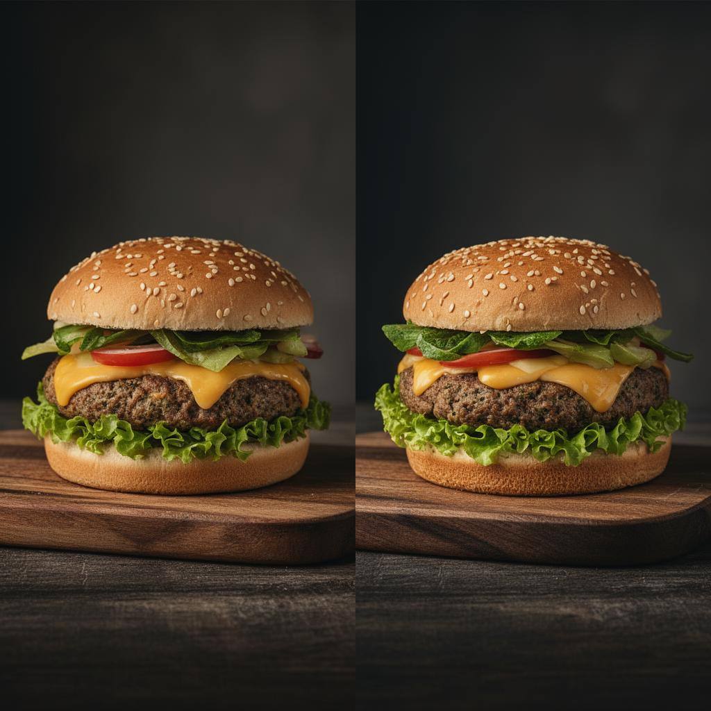 Comparação entre hambúrguer vegano e plant-based com queijo.