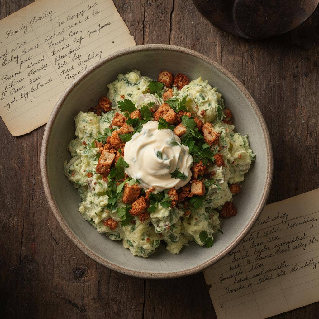 Veganisierter Kartoffelsalat mit Räuchertofu und frischen Kräutern