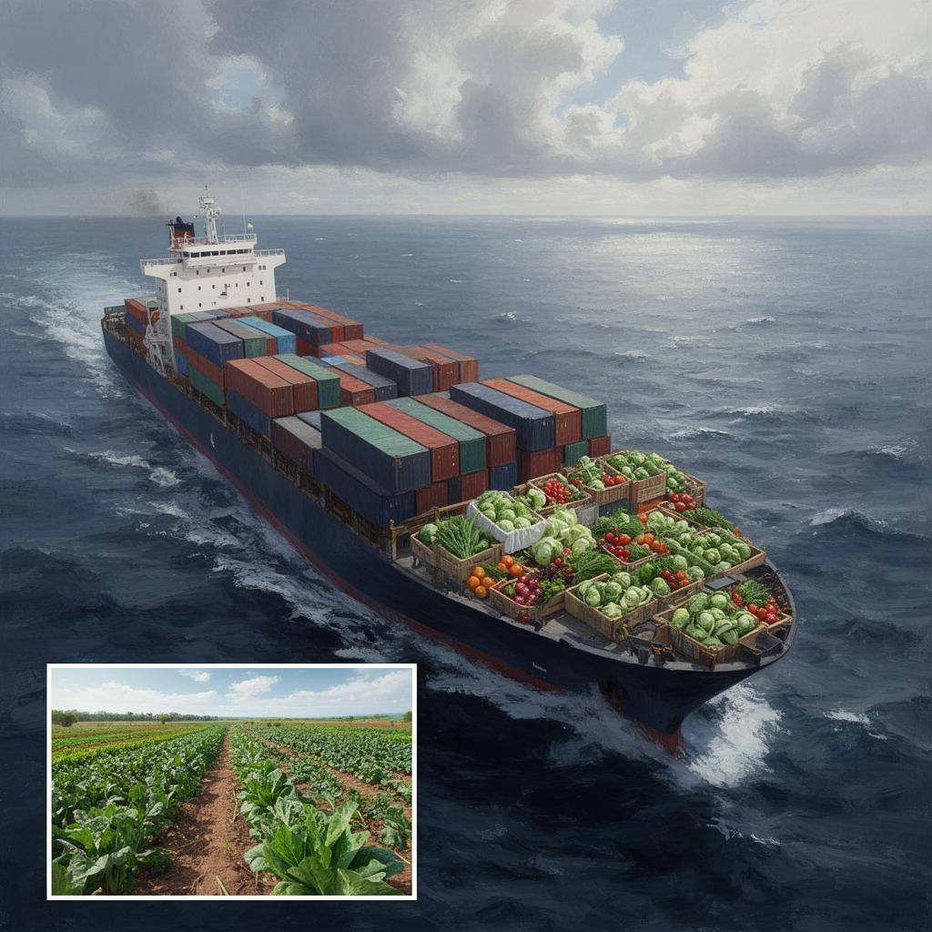 Navio de carga transportando vegetais importados no oceano