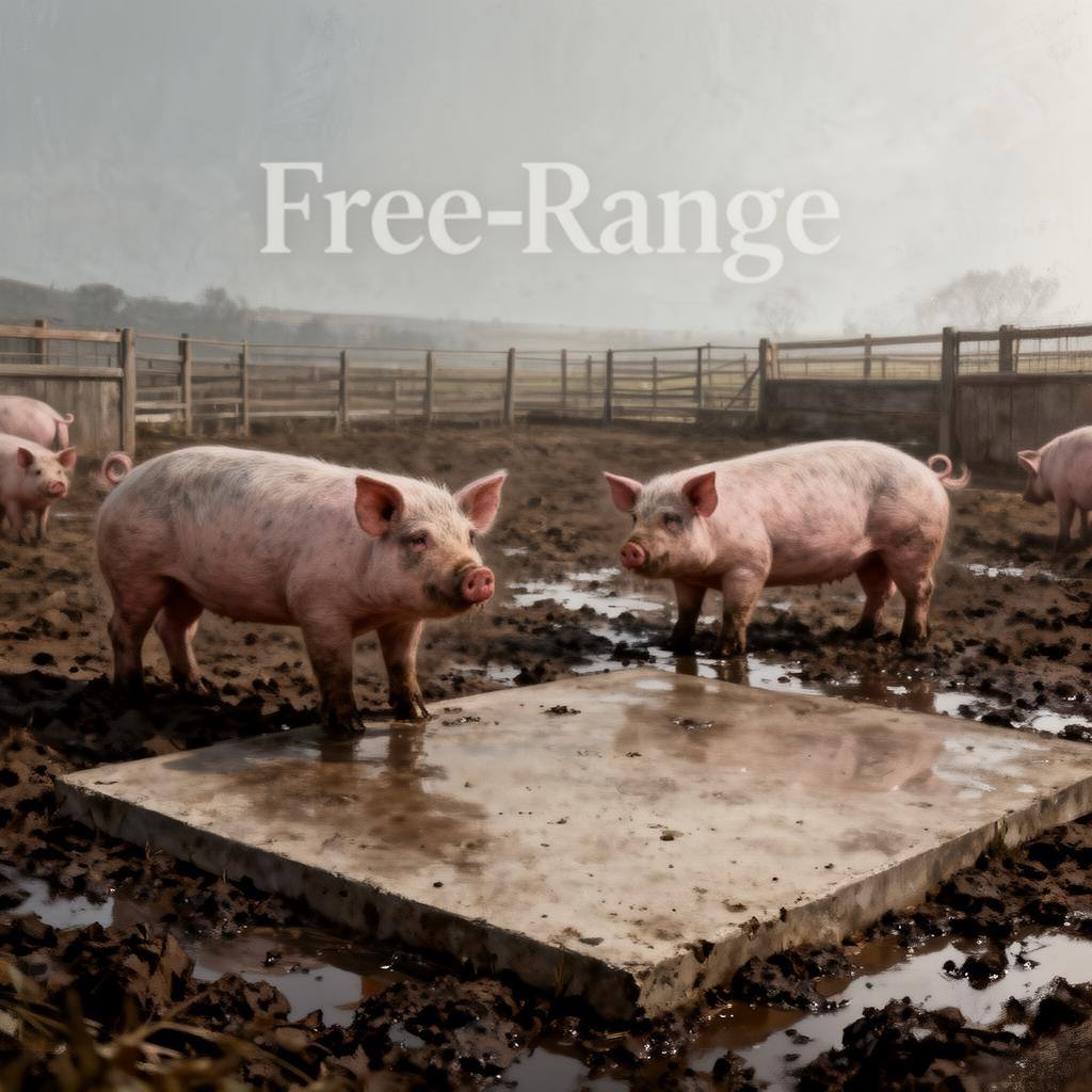 Pigs in muddy yard with concrete pad