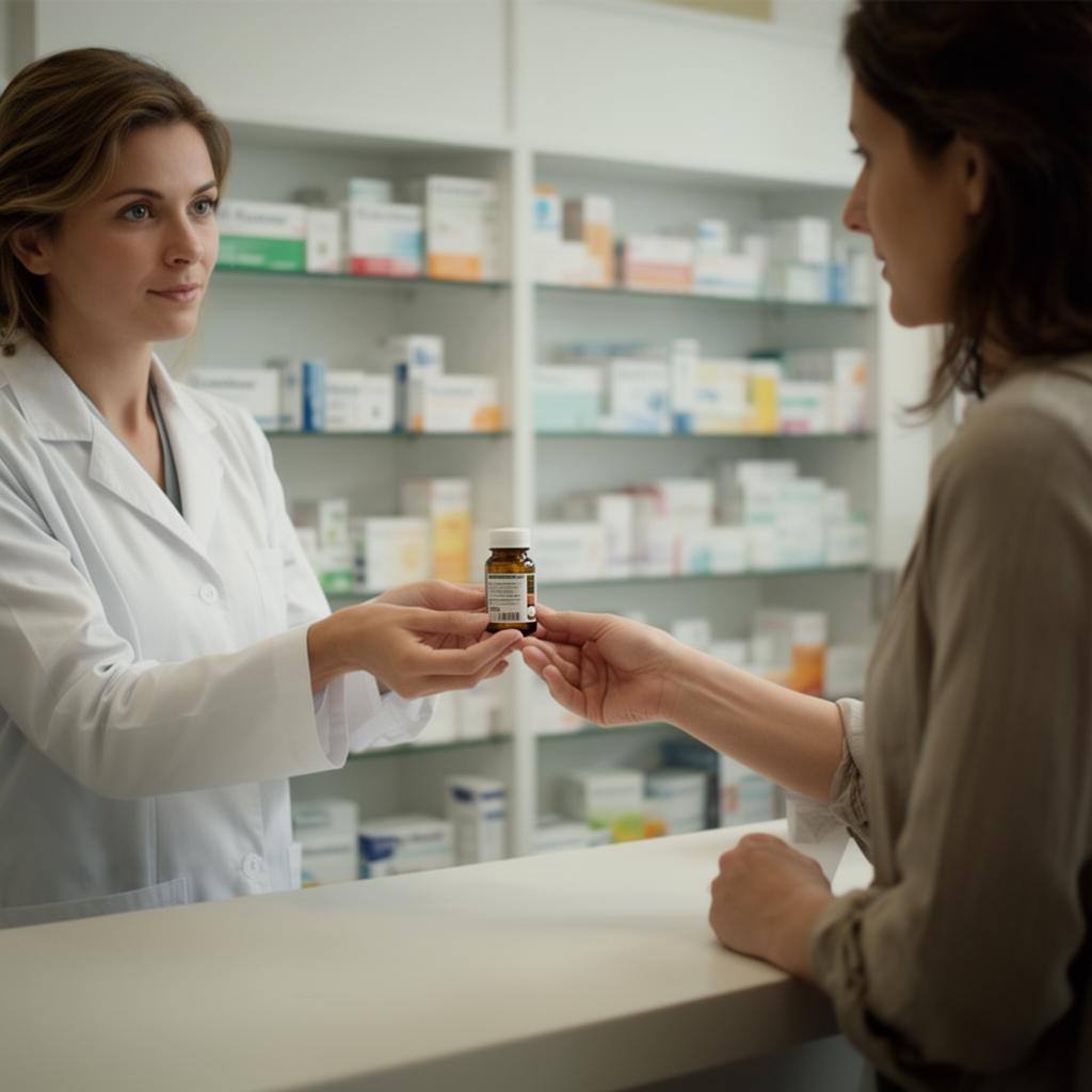Apothekerin reicht Kunden eine Flasche Tabletten über die Theke, im Hintergrund Regale.