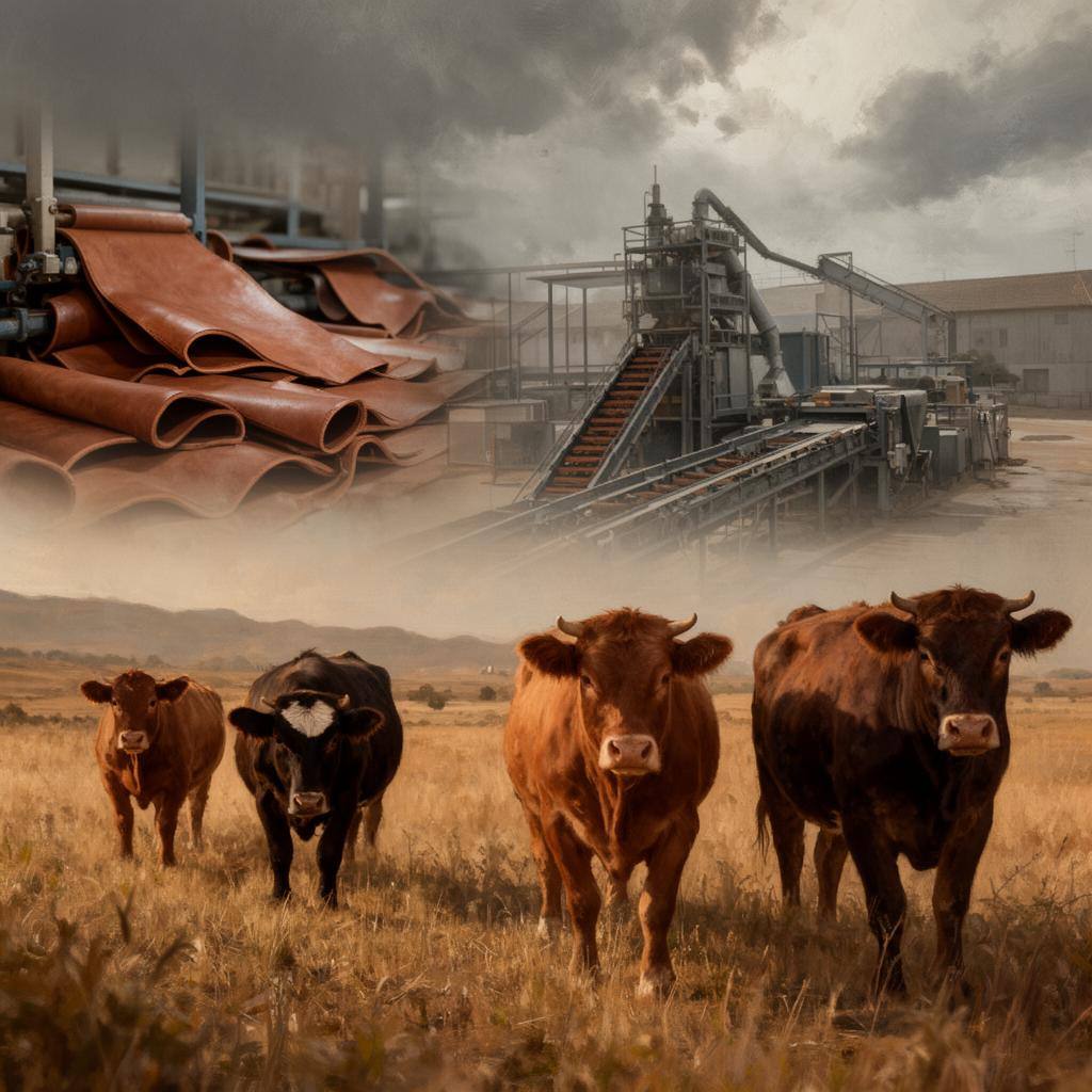 Vacas en granja y procesado industrial del cuero de fondo