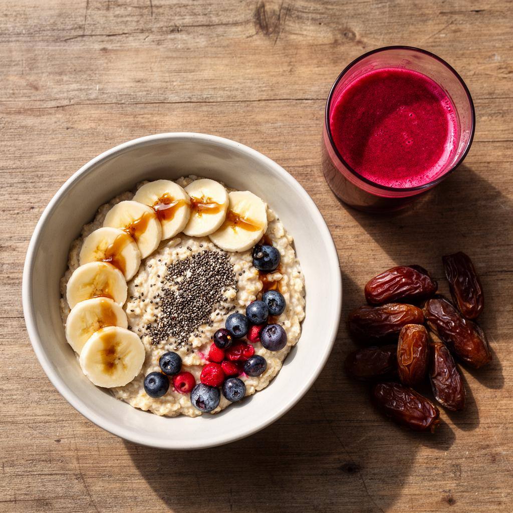 Oatmeal bowl with banana, berries, and date syrup for pre-run fueling