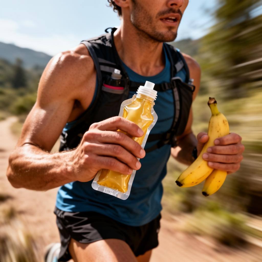 Runner's hand holding banana and energy gel during trail run