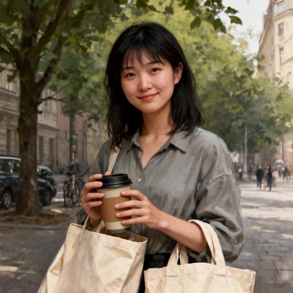 年轻人在柏林街头使用自带杯与布袋,体现塑料税催生的可持续生活方式。