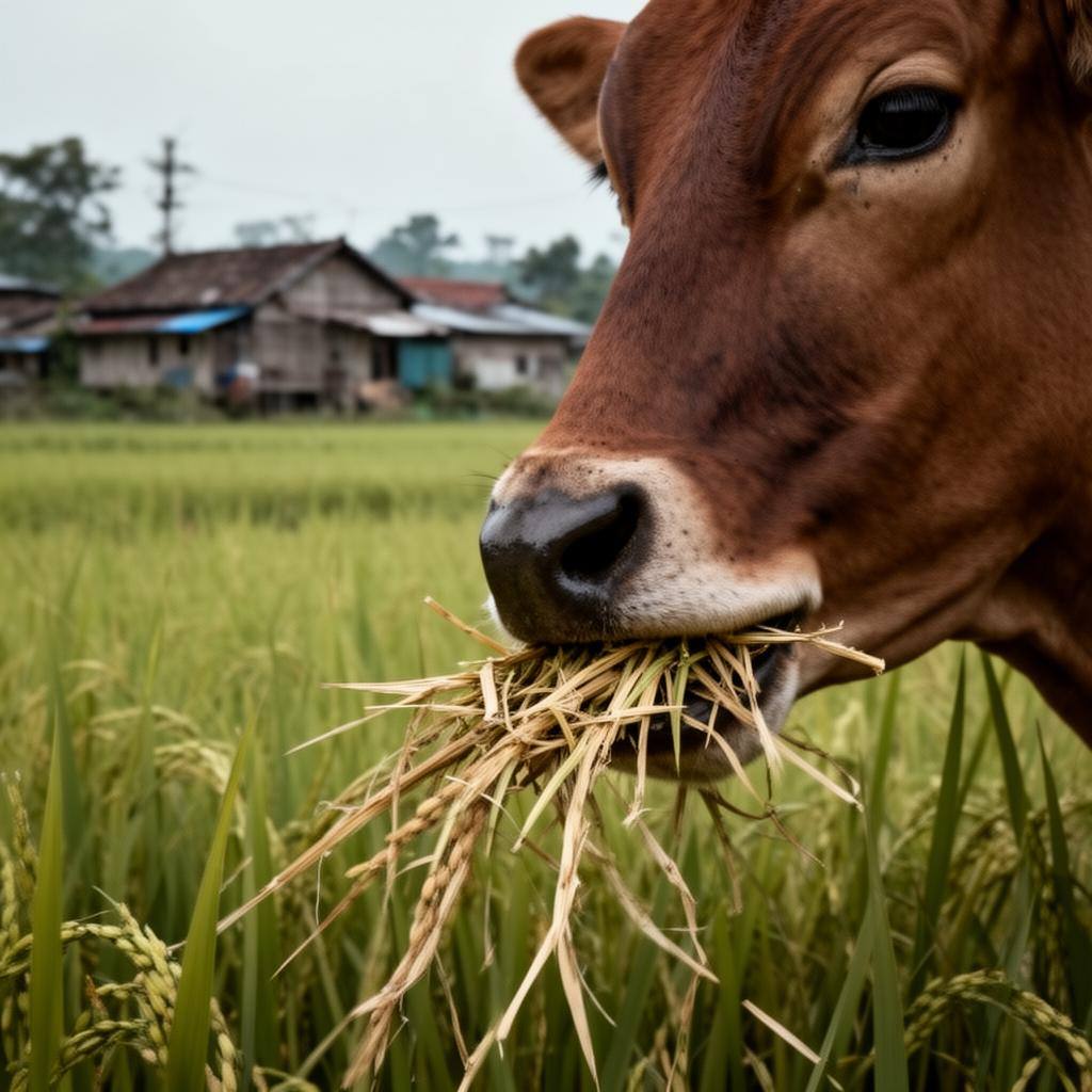 একটি গরু খড় চিবাচ্ছে, পেছনে ধানের ক্ষেত ও গ্রামীণ দৃশ্য।