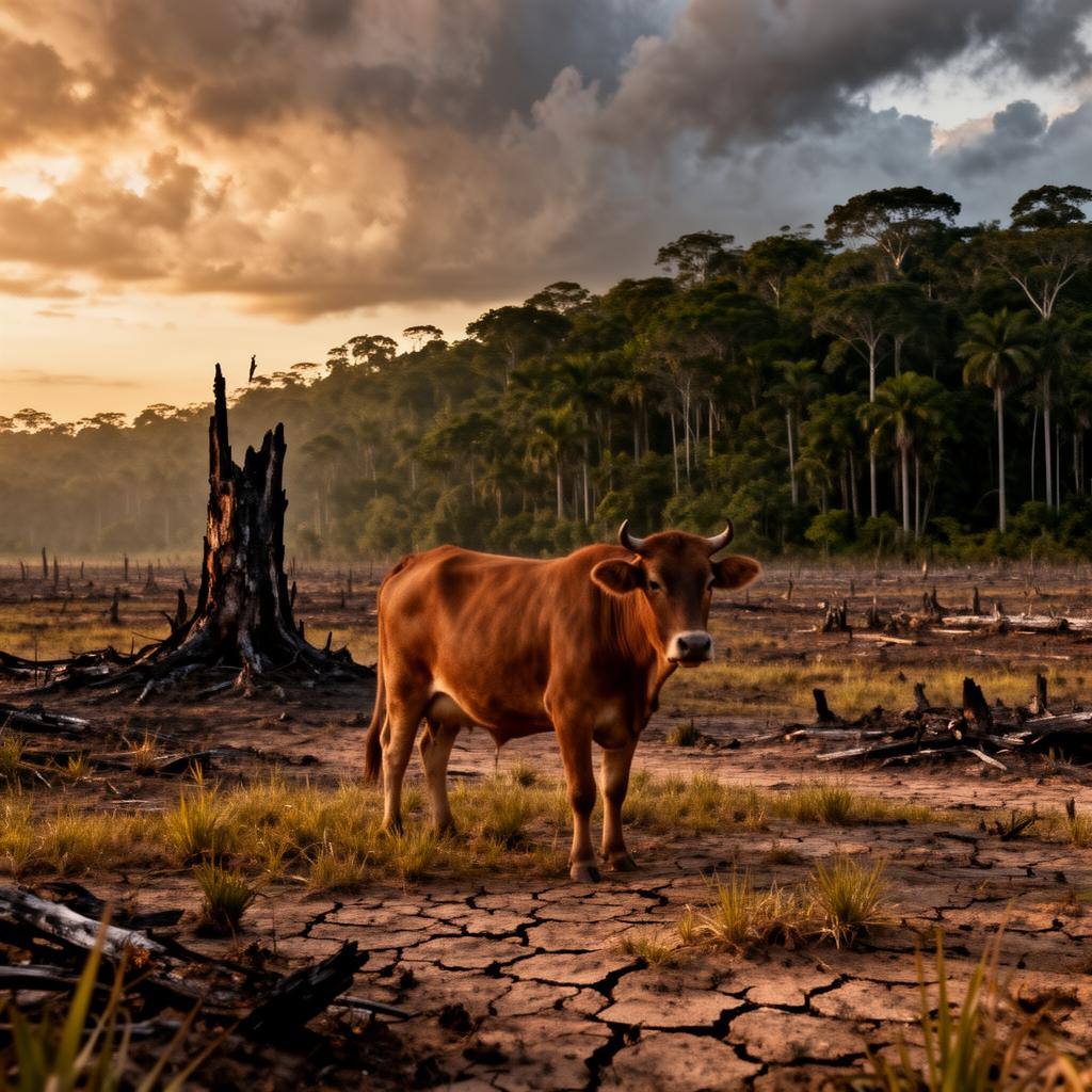 Pasto degradado com uma vaca solitária em solo rachado, contrastando com fragmento de floresta ao fundo.