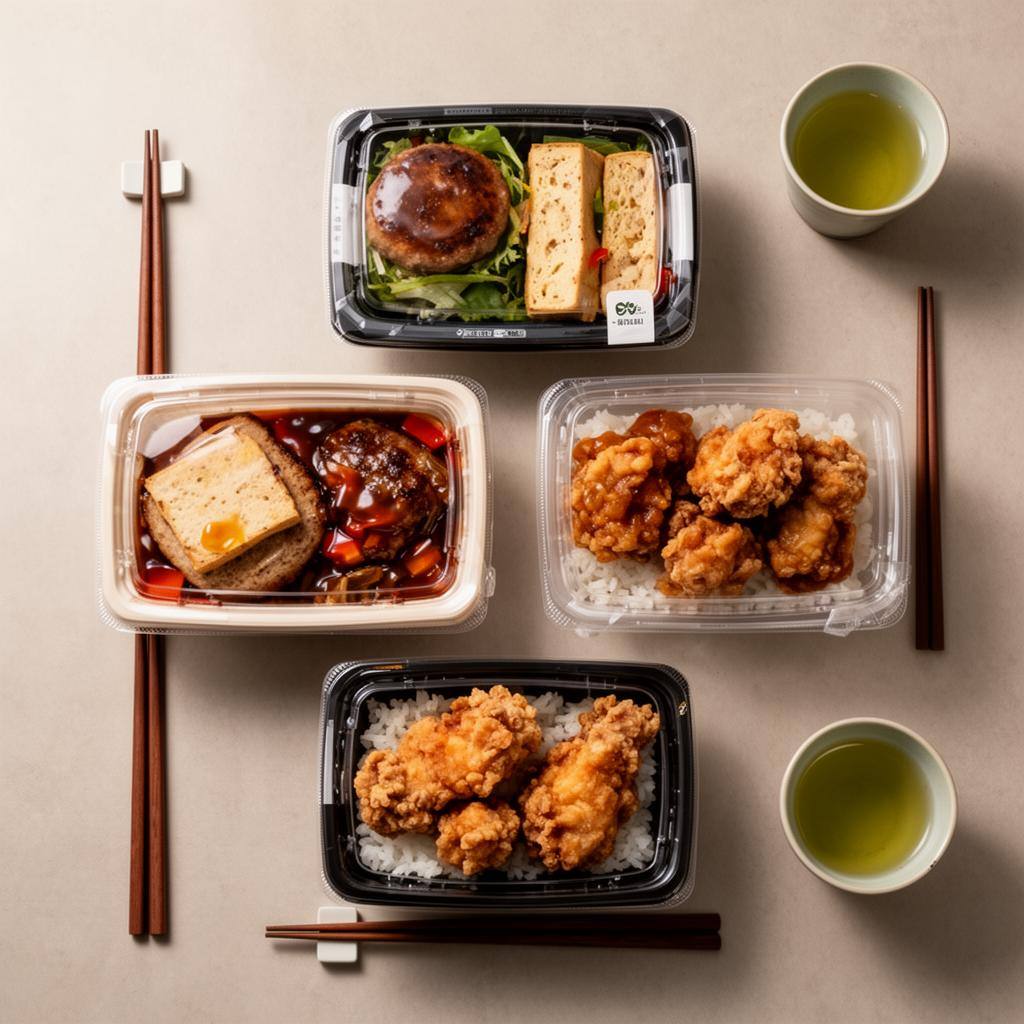3社の植物性弁当を並べたフラットレイ。豆腐ハンバーグ、大豆ミートの甘酢あん、大豆の唐揚げが見える