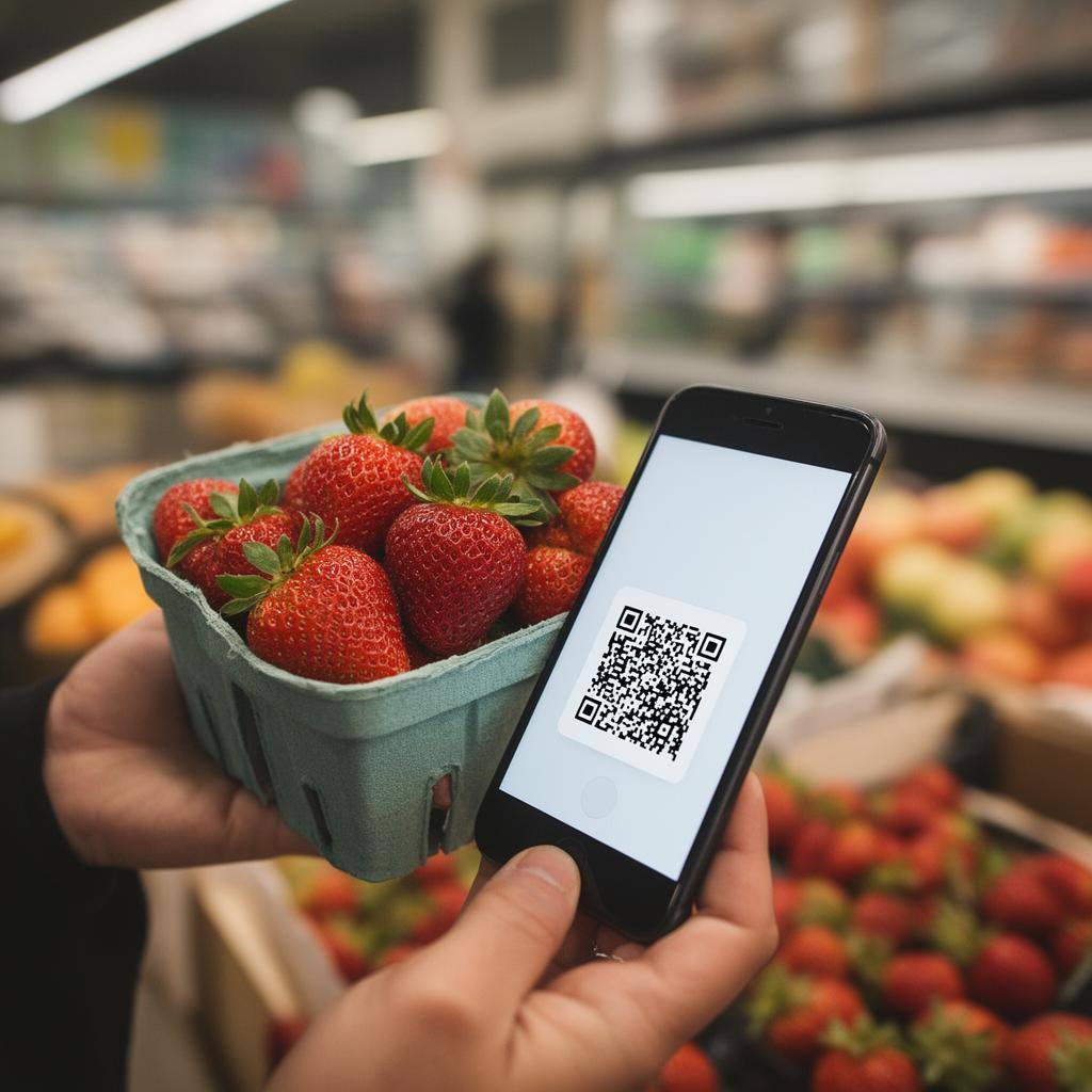 Nahaufnahme einer Hand, die Erdbeeren hält und mit dem Smartphone einen QR-Code auf dem Etikett scannt.