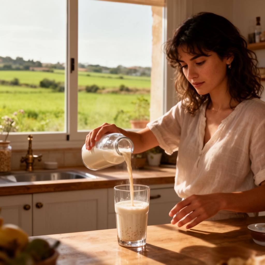 Joven española vertiendo bebida de avena en un vaso en una cocina luminosa, con campos al fondo