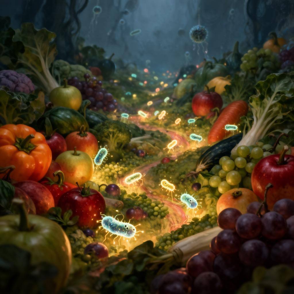Nahaufnahme einer Obst- und Gemüselandschaft mit leuchtenden Bakterien als Symbol für das Darmmikrobiom