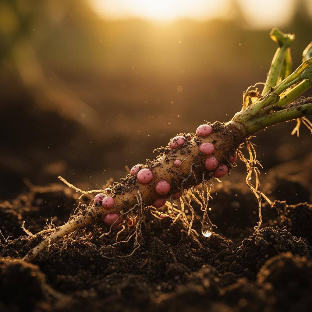 Gros plan racinaire de légumineuse avec nodules, évoquant la symbiose avec les bactéries.