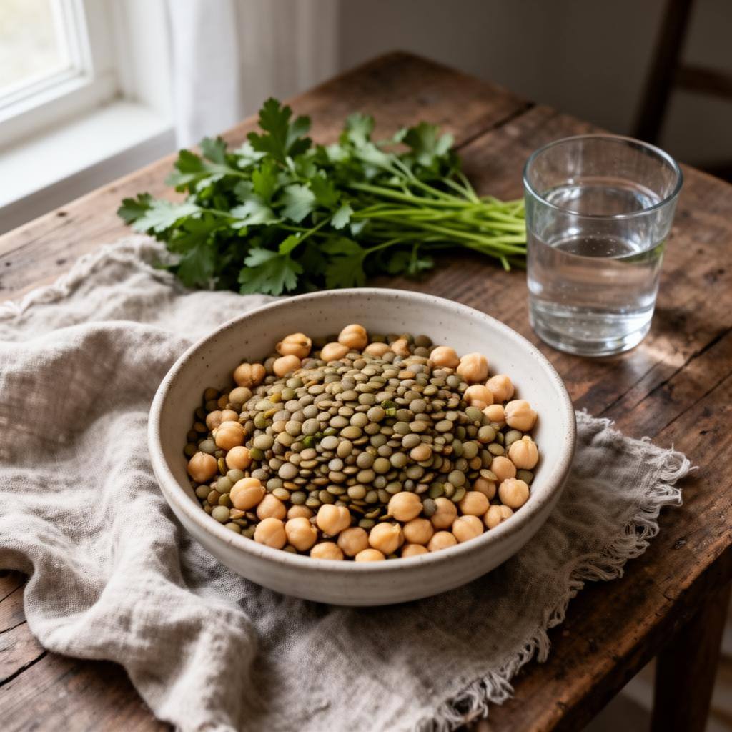 Bol de lentilles et pois chiches sur table en bois, style épuré, lumière naturelle.