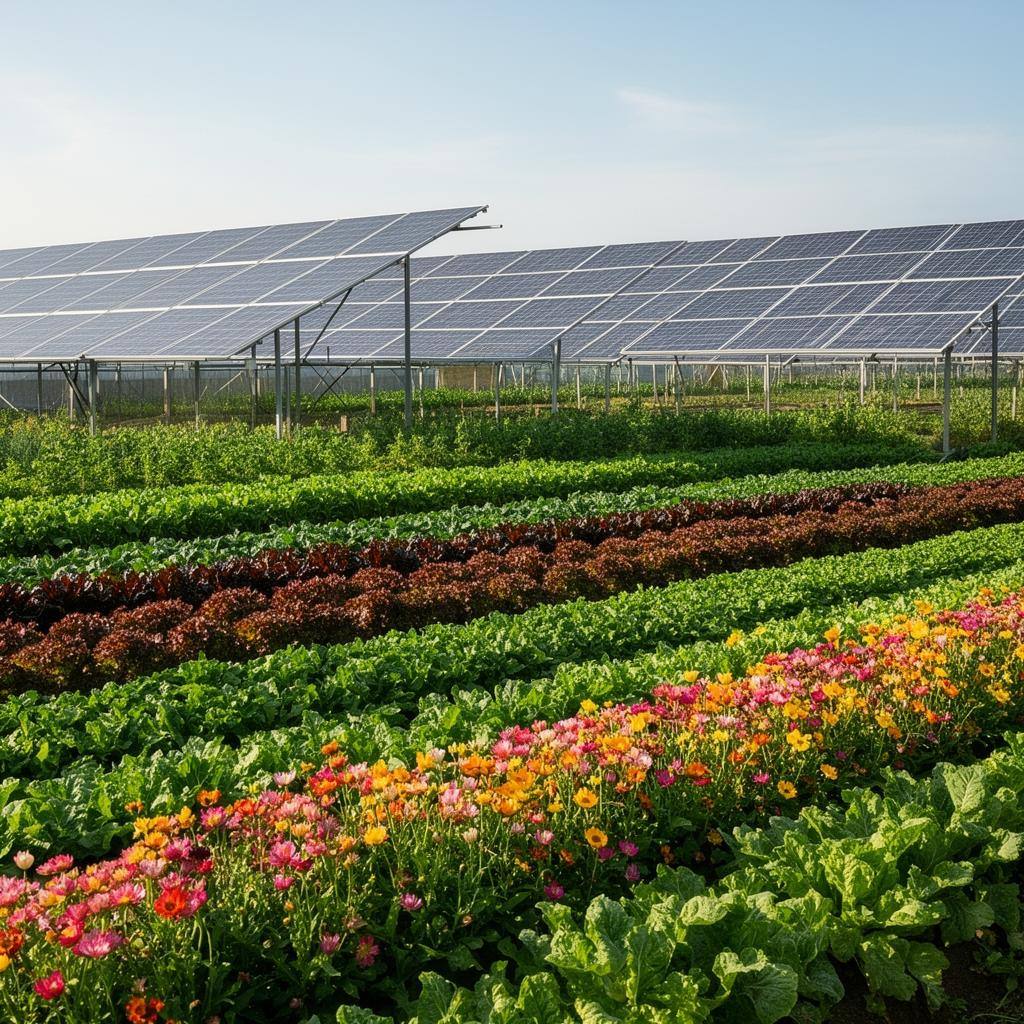 Bio-veganer Acker mit Blühstreifen und Solaranlagen im Hintergrund, helles Sonnenlicht