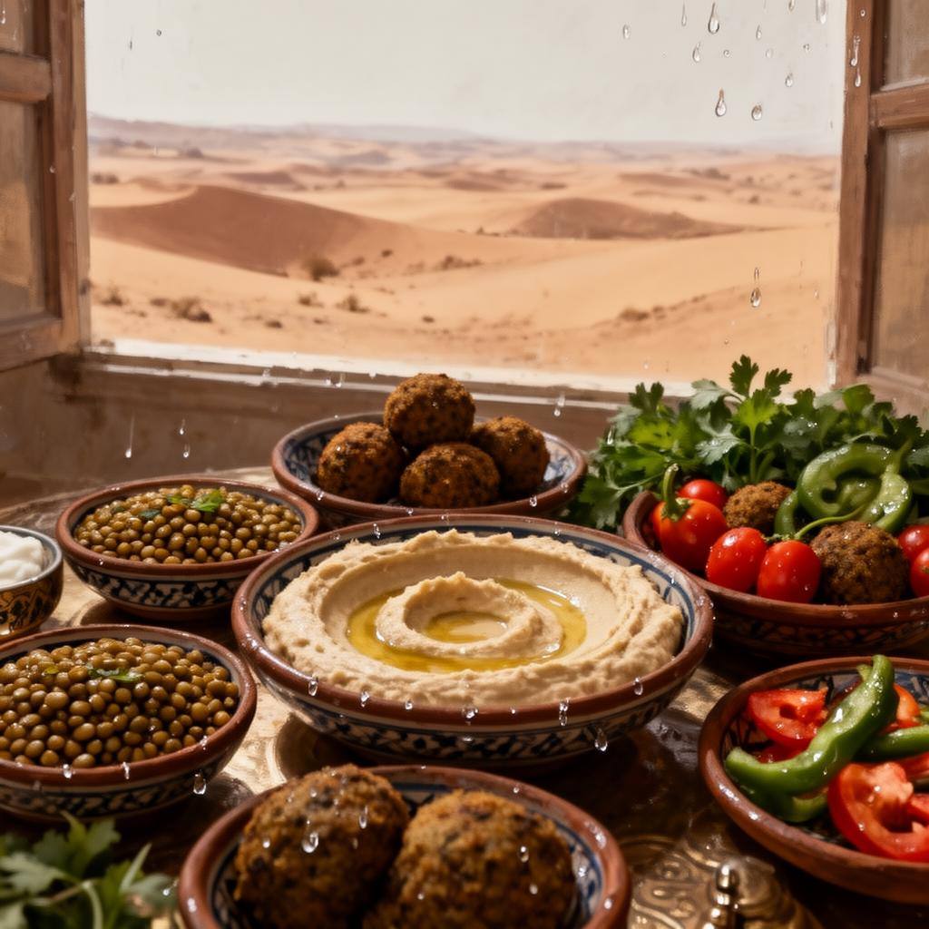 مائدة شرق أوسطية نباتية متنوعة تعرض أطباق الحمص والعدس والخضروات الطازجة.