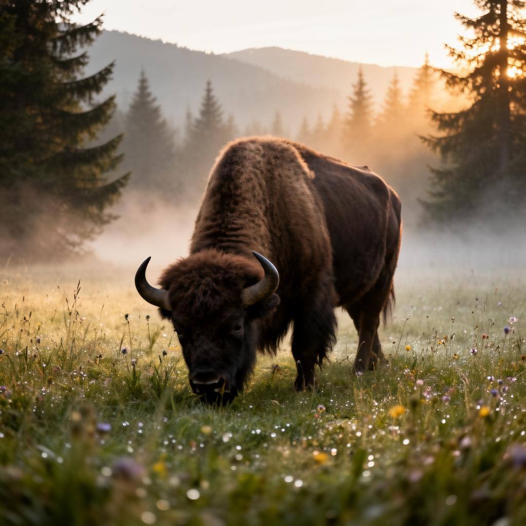 Bison d'Europe dans une prairie brumeuse des Carpates à l'aube