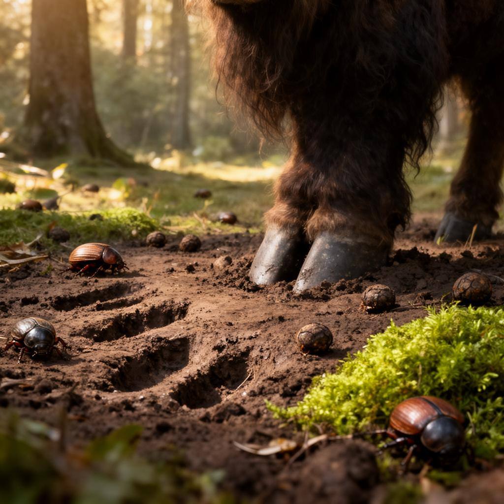Empreintes de bison sur un sol humide avec des bousiers à proximité