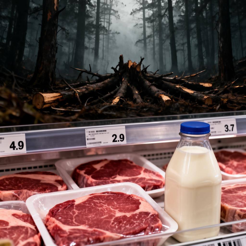 Supermarkt-Kühlregal mit Fleisch- und Milchprodukten und niedrigen Preisschildern, im Hintergrund schemenhaft ein abgeholzter Wald.