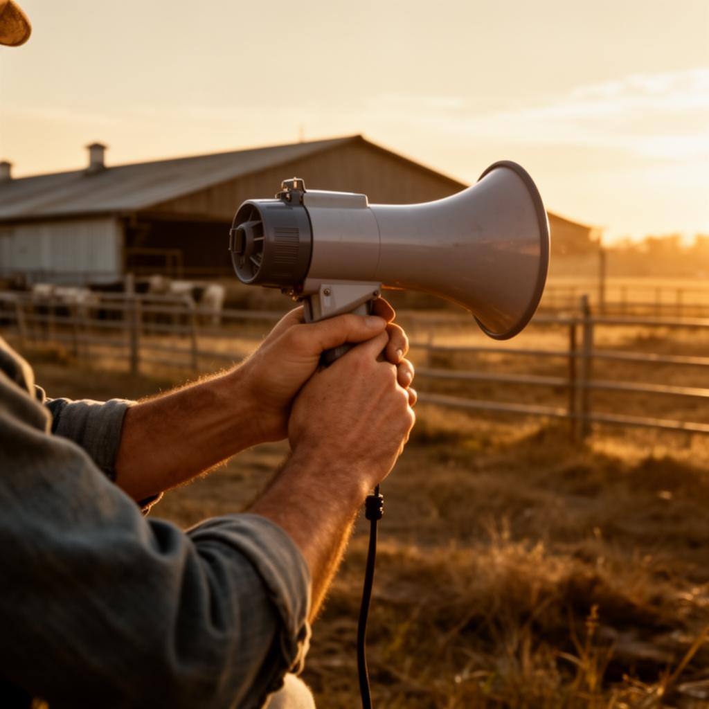 Bauernhände halten ein Megafon vor einer industriellen Tierhaltungsanlage in der Abendsonne.