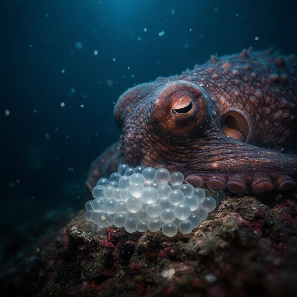 Polvo-das-profundezas Graneledone protegendo seus ovos translúcidos em um afloramento rochoso, em um cenário escuro com partículas bioluminescentes.