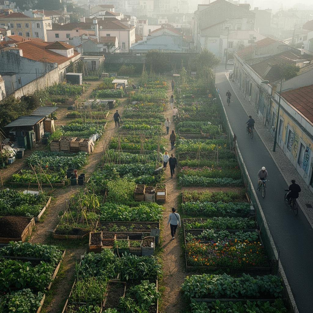 Pessoas de várias idades a cuidar de hortas urbanas em Lisboa ao pôr do sol, com arquitetura típica ao fundo.