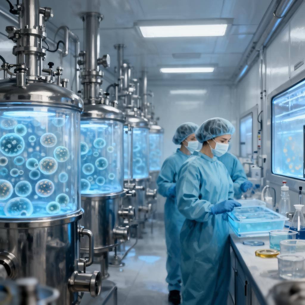 Technicians inspecting bioreactors in a clean, modern facility for cultivated pork production.