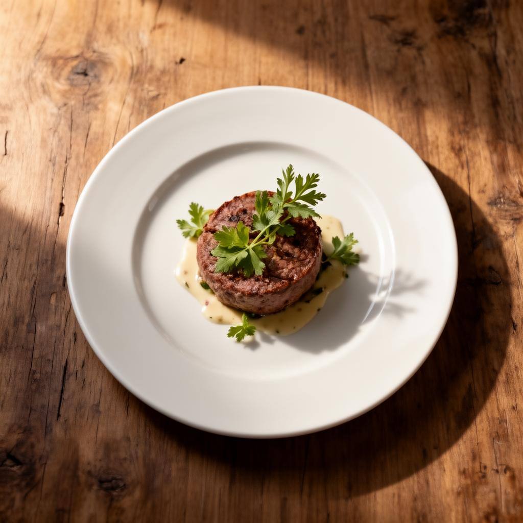 Chef preparando un filete de carne cultivada en una cocina moderna y luminosa, resaltando la textura realista.