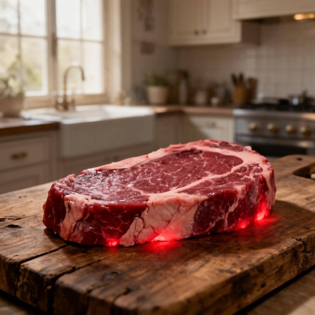 Gros plan d'un steak hybride cru, avec persillage gras et texture charnue, posé sur une planche de bois.