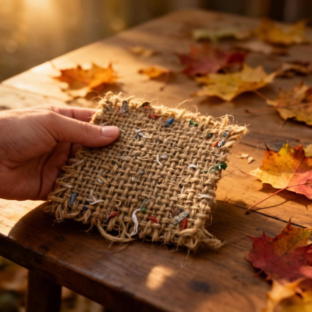 Close-up of a hand holding a woven hemp and recycled fiber fabric swatch on a wooden table with autumn leaves.