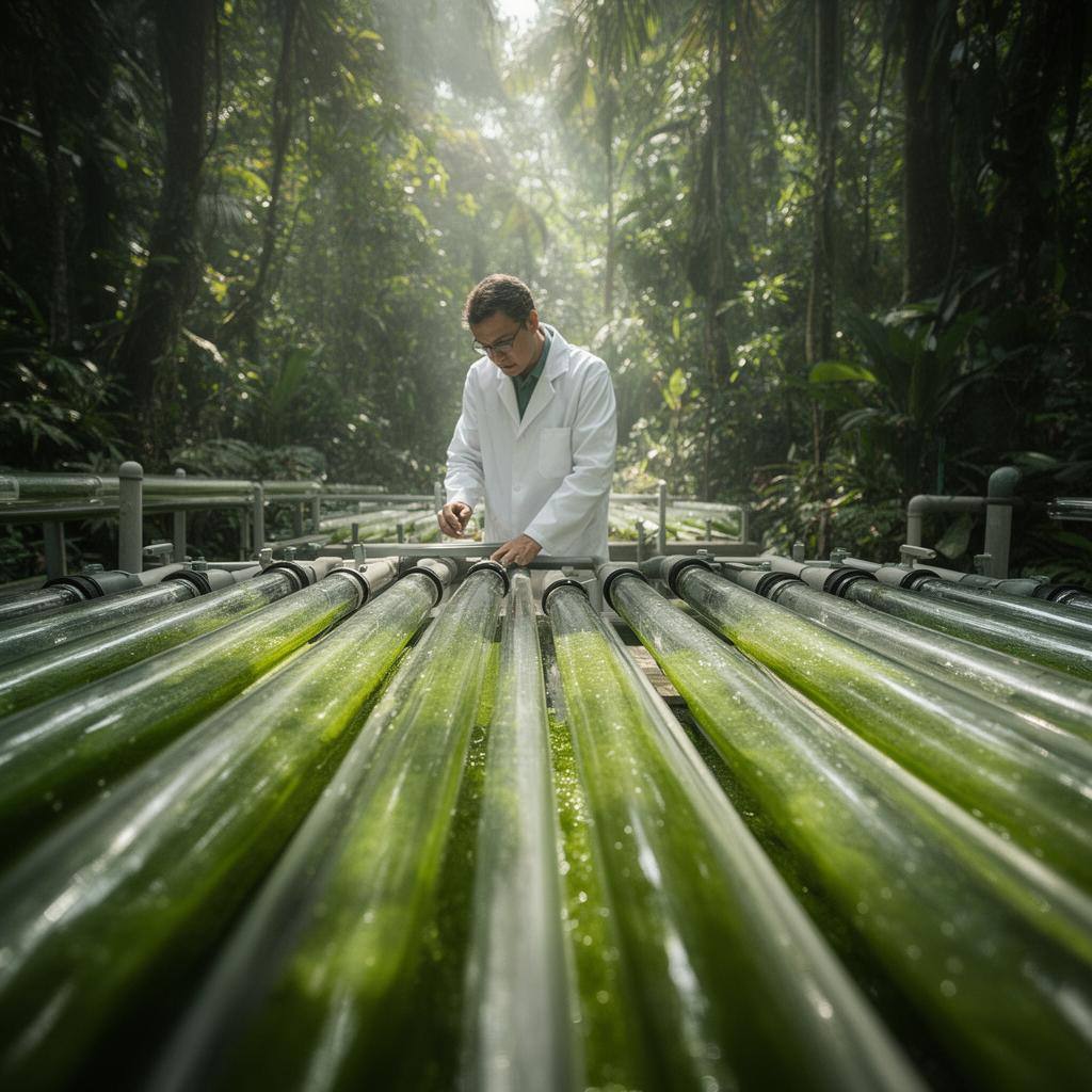 热带雨林中微藻培养系统的近景，研究人员检查翠绿色的藻类管道。