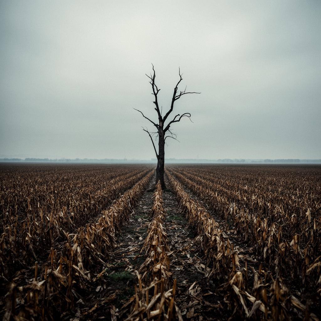 Champ agricole à perte de vue, arbre mort au centre, ciel couvert.