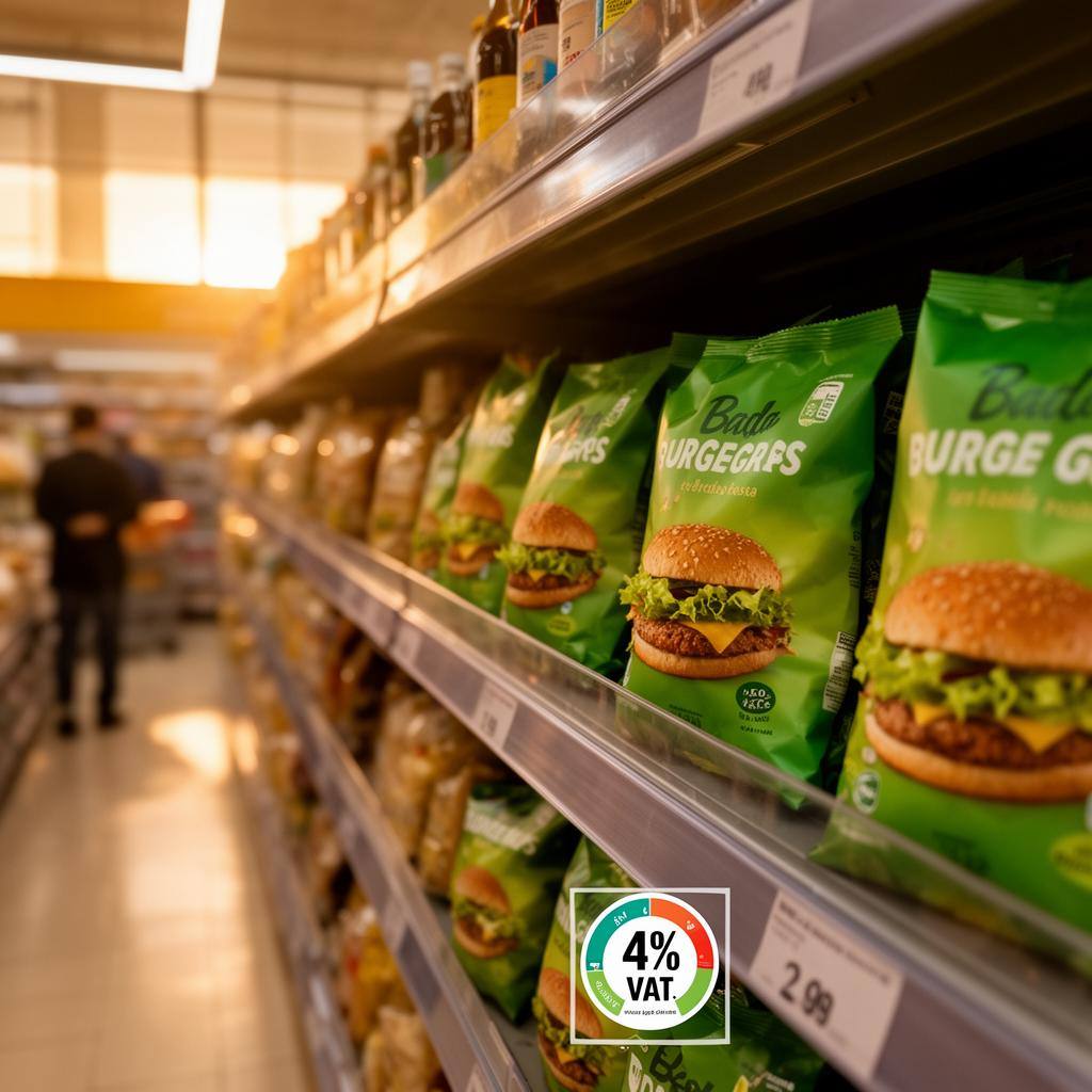Estantes de supermercado con hamburguesas vegetales verdes, iluminación cálida y suelo con pegatina de IVA.