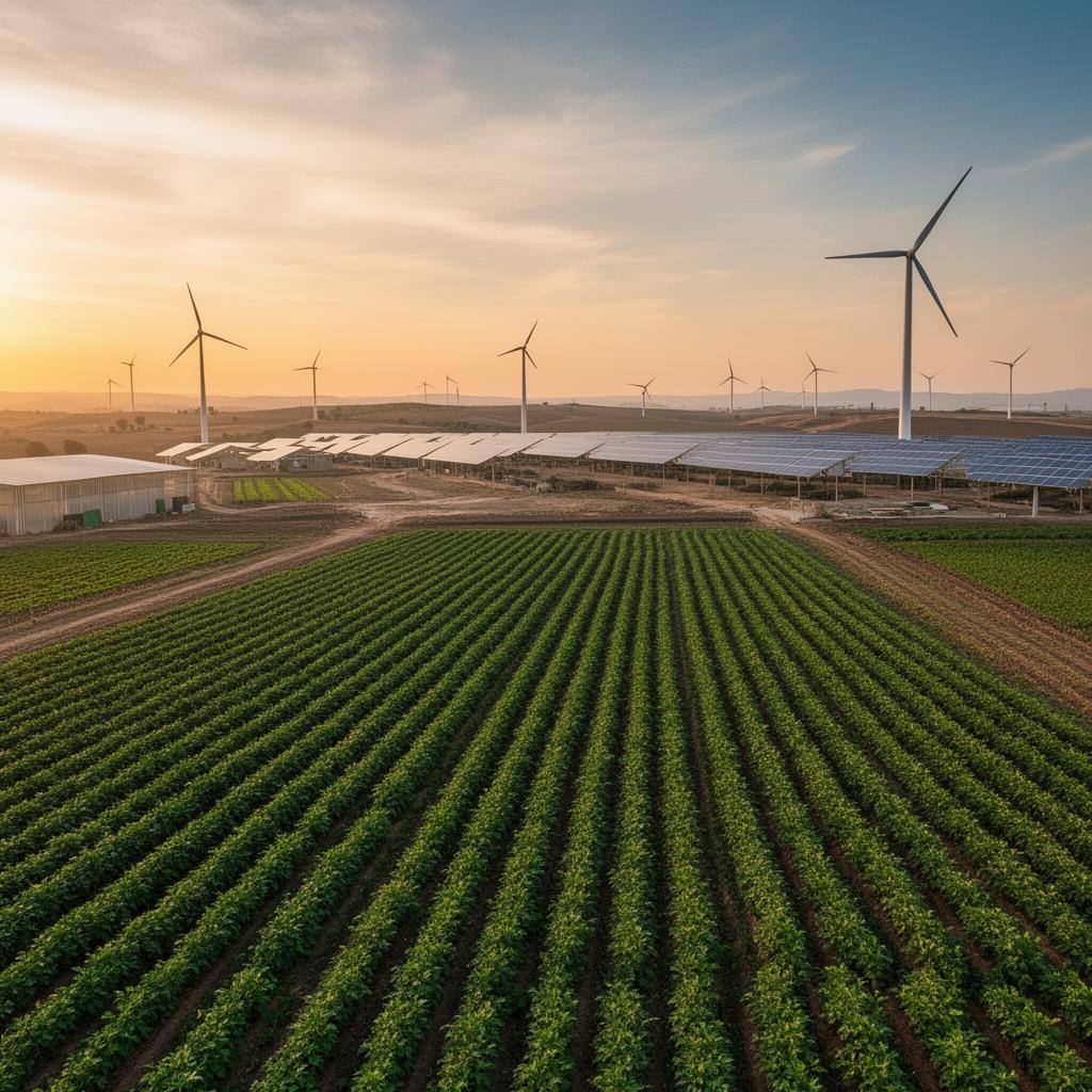Vista aérea de una finca agrícola sostenible en España con cultivos de legumbres y molinos de viento al fondo.