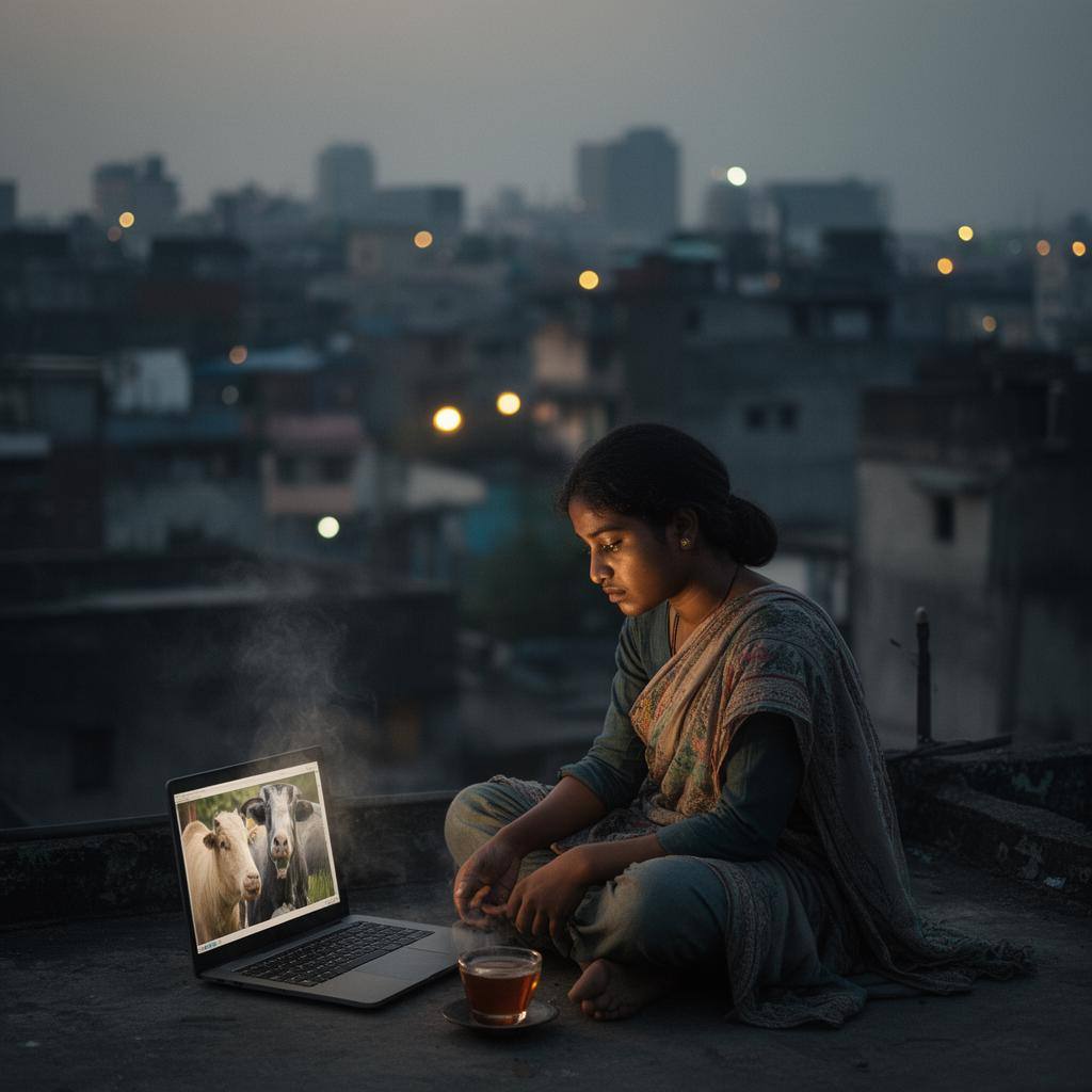 ঢাকার ছাদে এক তরুণী সক্রিয়কর্মী সন্ধ্যায় ল্যাপটপে পশু অধিকারের ছবি দেখছেন, ক্লান্ত ও চিন্তিত মুখ।