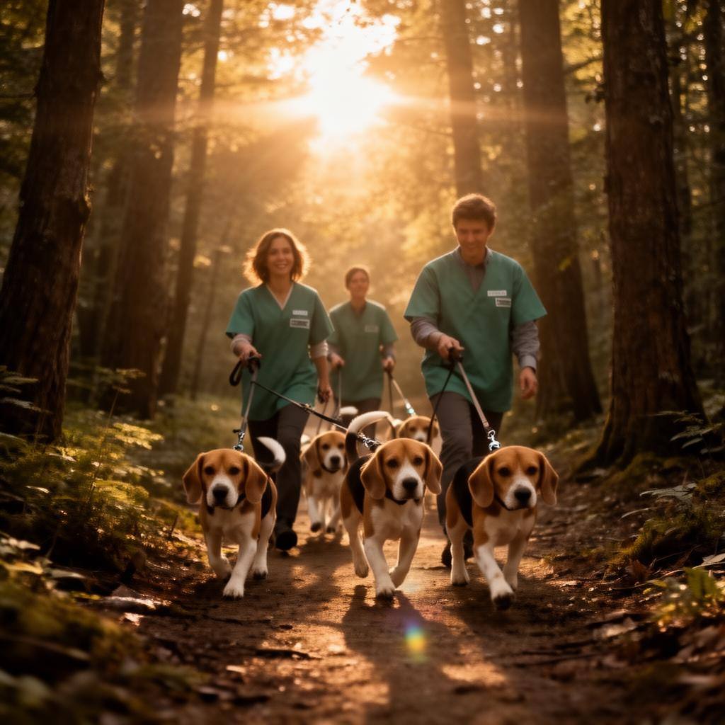 Voluntários caminham com vários beagles em trilha na floresta durante o pôr do sol.