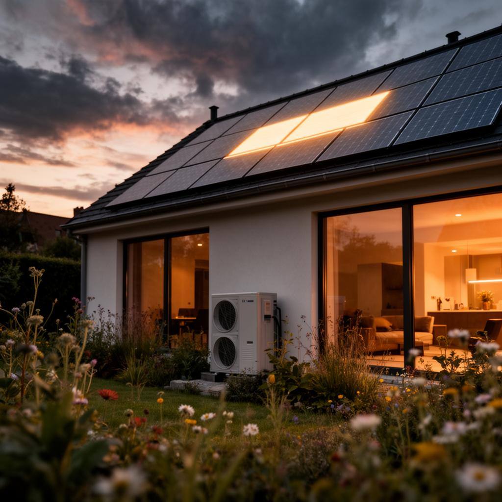 Maison belge moderne avec panneaux solaires au crépuscule et pompe à chaleur dans un jardin fleuri luxuriant.